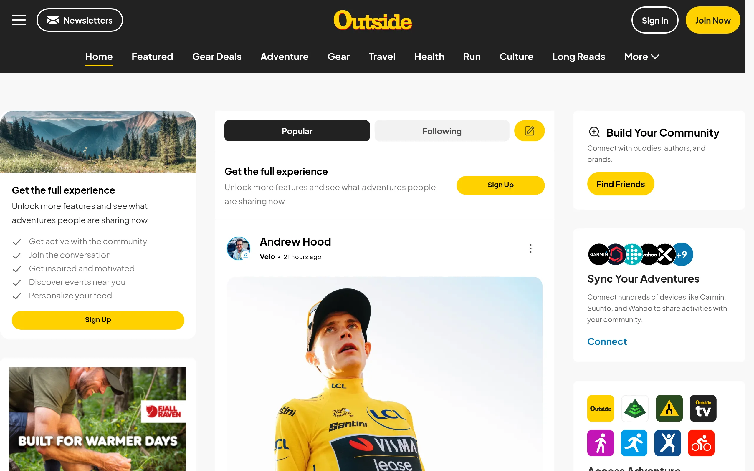 Outside Activity Feed home page