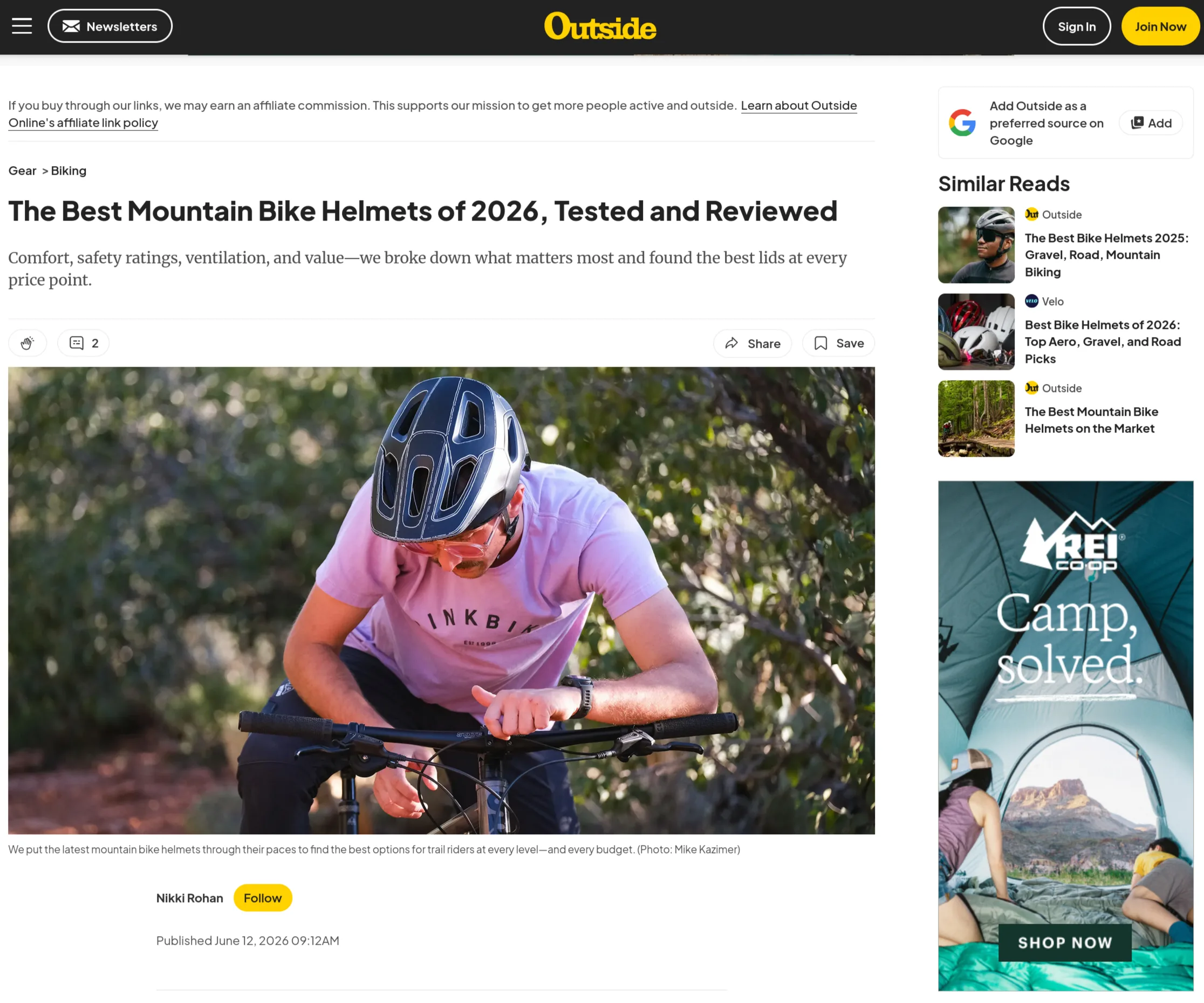 Outside article page for best mountain bike helmets of 2026