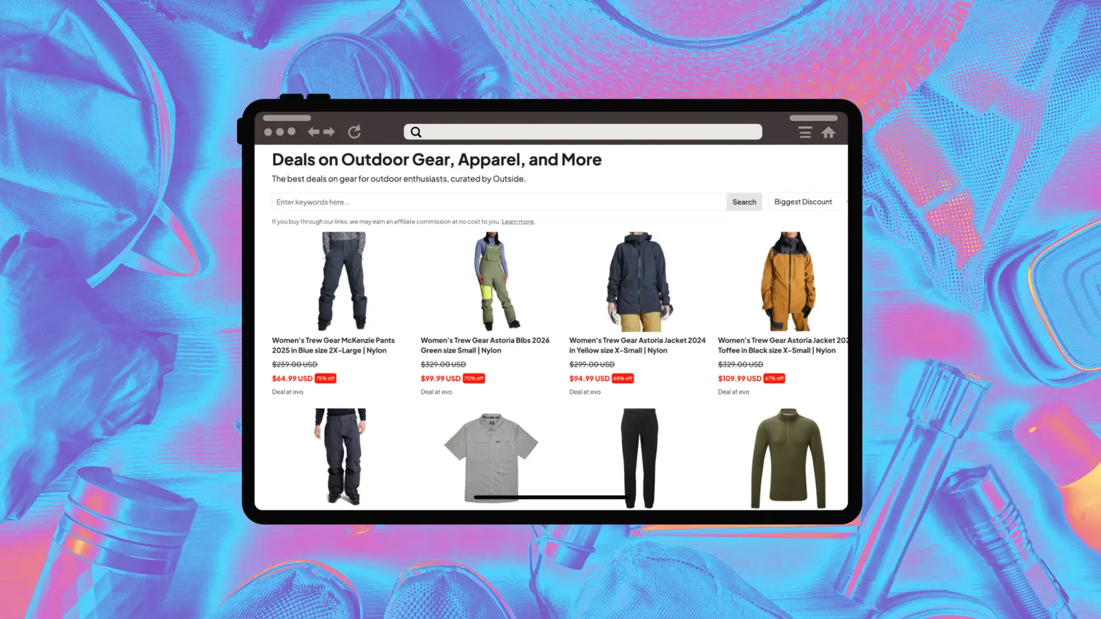 Outside Deals Finder showing discounted outdoor gear